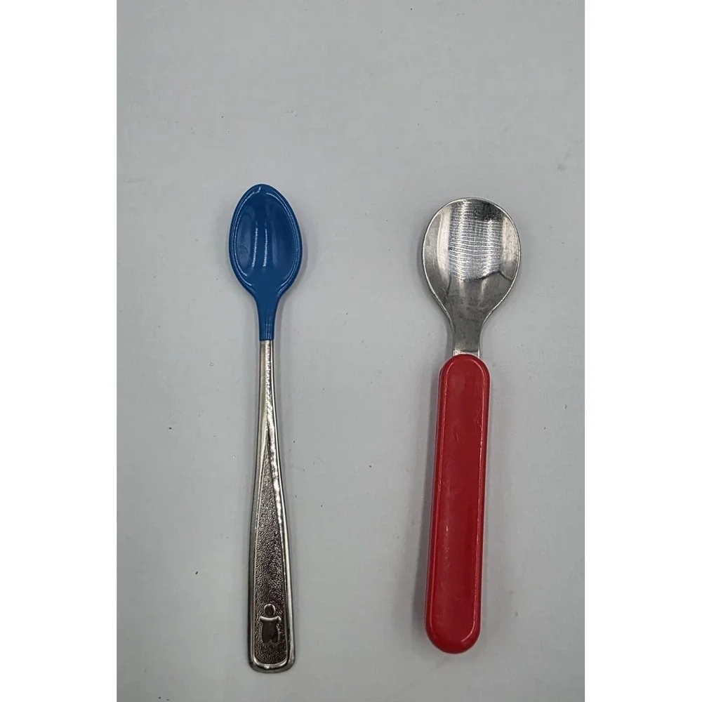 2 Vtg The First Years Baby Spoons Silicone Melamine Stainless Steel Red & Blue